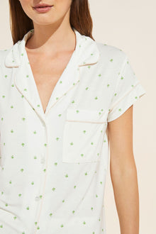 Model wears Gisele Printed TENCELâ„¢ Modal Short Sleeve Cropped PJ Set in Palm/Bellini. 