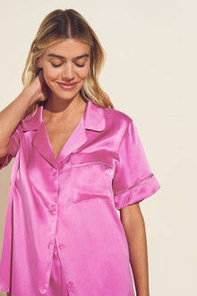 Model wears Inez Washable Silk Short PJ Set in Italian Rose/Foxglove.