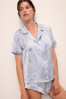 Model wears Inez Washable Silk Printed Short PJ Set in Malachite Wedgewood Blue/Ivory.