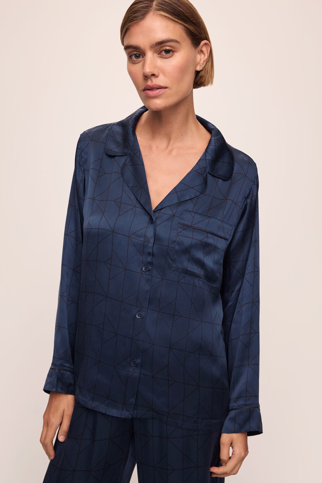 Model wears Inez Washable Silk Printed Long PJ Set in Mosaic Tile Navy/Black.