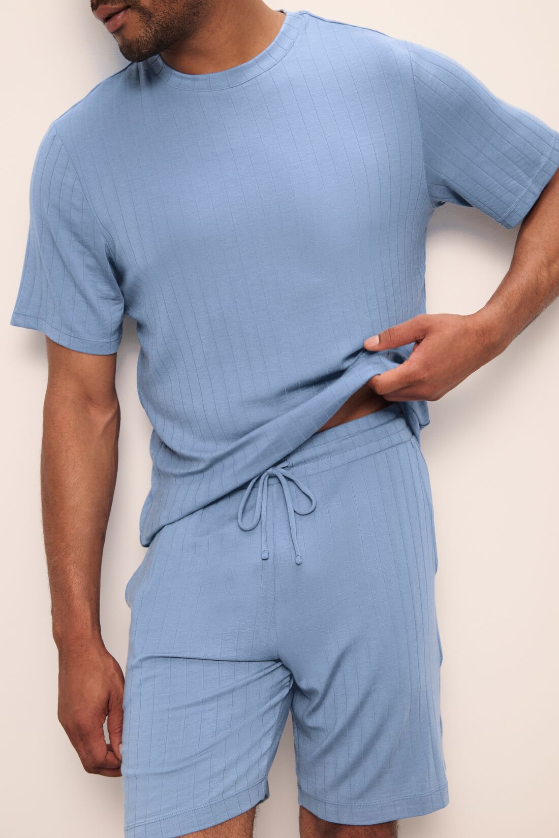 Model wears Henry TENCEL Modal Rib Short PJ Set in Wedgewood Blue.