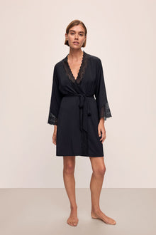 Image of model wearing Lara TENCEL Modal Short Robe in black