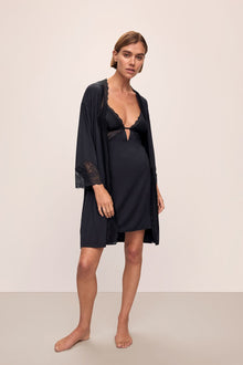 Detail image of model wearing Lara TENCEL Modal Short Robe in black