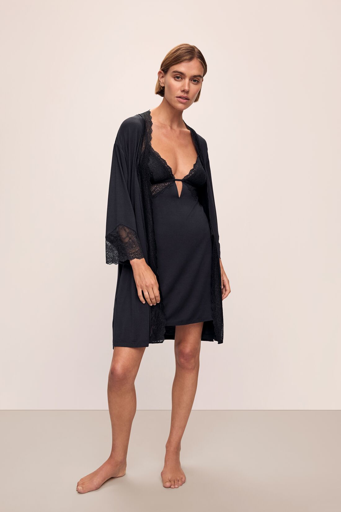Detail image of model wearing Lara TENCEL Modal Short Robe in black