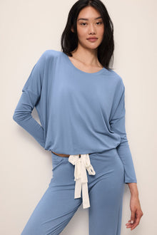 Model wears Gisele TENCEL Modal Slouchy PJ Set in wedgewood blue/ivory.