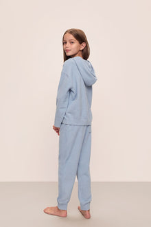 Model in Recycled Boucle Kid's Hoodie and Jogger Set in Wedgewood