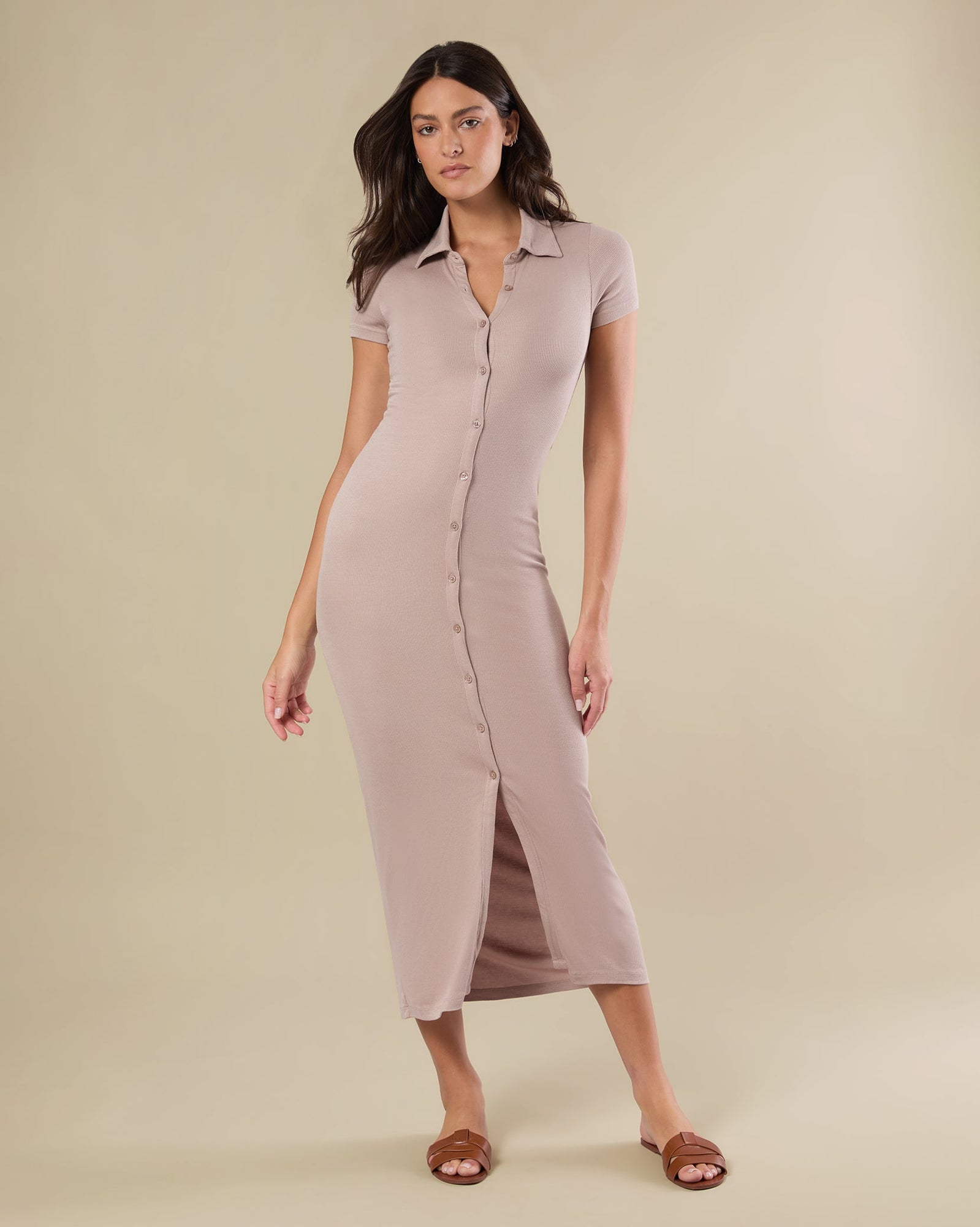 Short Sleeve Button Down Midi Dress | Muted Brown