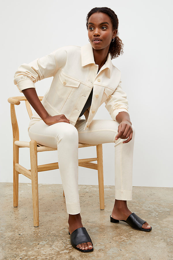Side image of a woman wearing the Sammataro Jean in Tusk | Grid Hover | Exclude