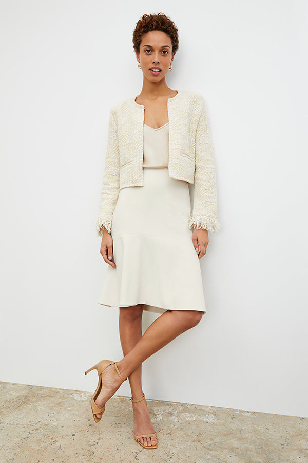 Front image of a woman wearing the Lilia Jacket - Interweave in Taupe / Ivory | Grid | Exclude