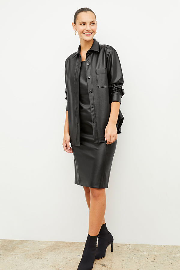 Image of a woman wearing the Sierra Shacket - Vegan Leather in Black | Exclude | Grid