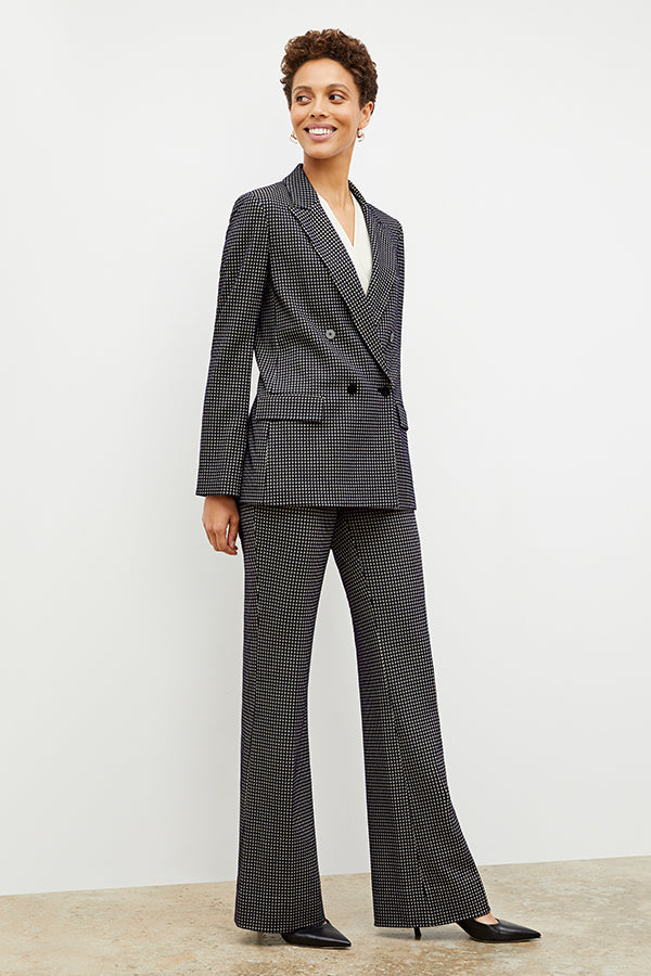 Front image of a woman wearing the horton pant in black and white houndstooth | Exclude | Grid | Still