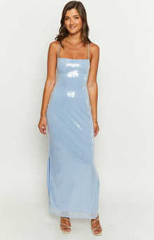 Light blue sequin maxi slip dress with a straight neckline thin spaghetti straps and a high side slit