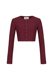 Maroon cropped cardigan with long sleeves and button-down front closure.