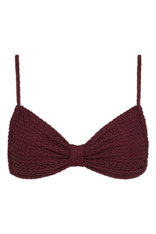 Maroon crochet bikini top with thin shoulder straps and gathered cups with center bow detail.