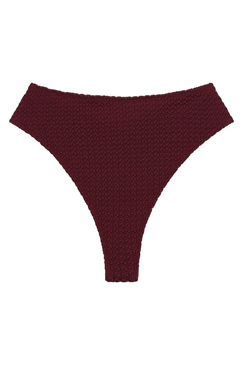 Maroon crochet bikini bottom with textured weave and high-cut leg design.