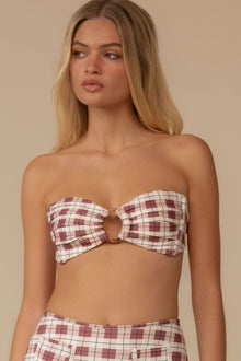 Maroon and cream plaid bandeau bikini top with tie closure at center front.