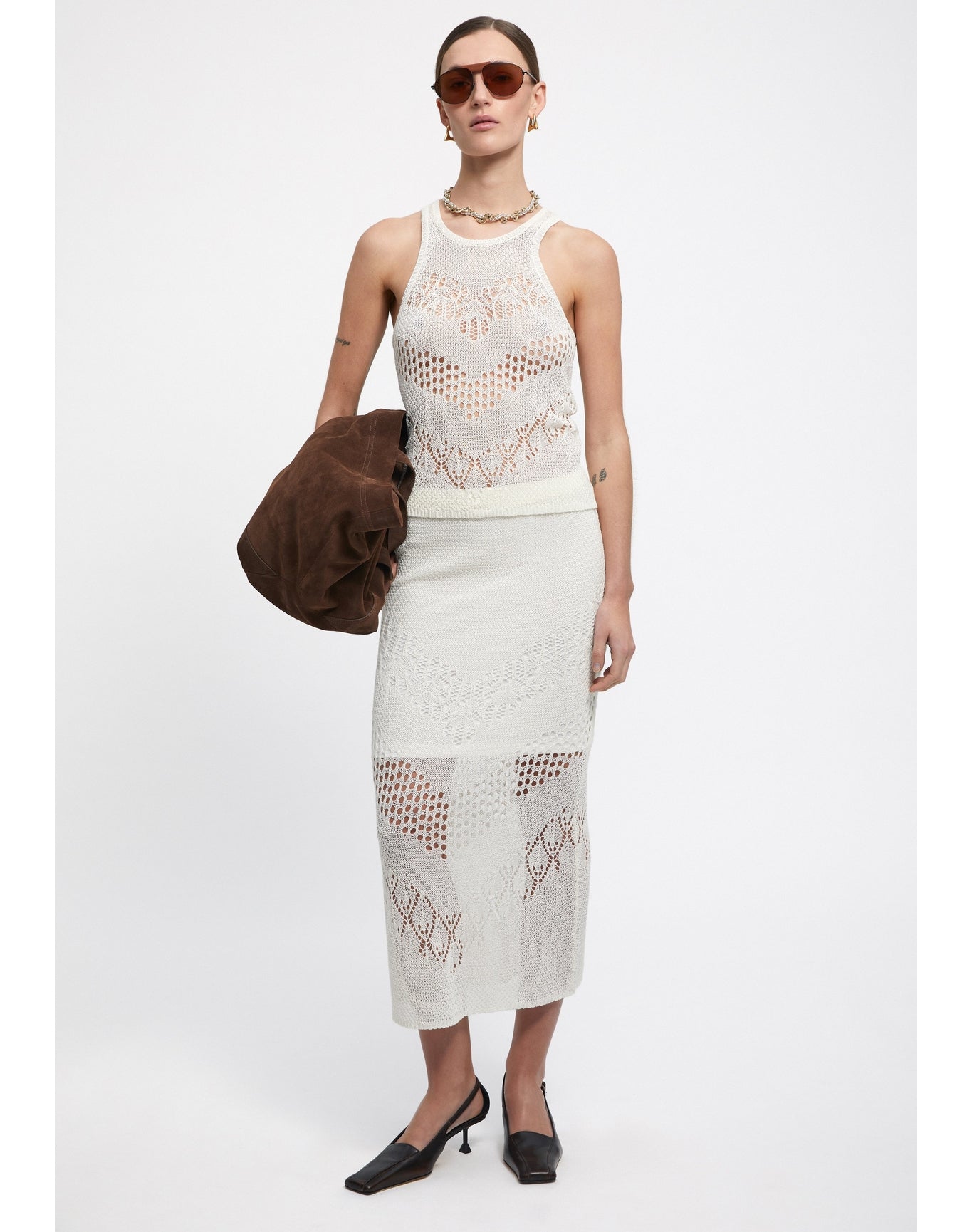 Maud | Lace Knit Midi Skirt | White