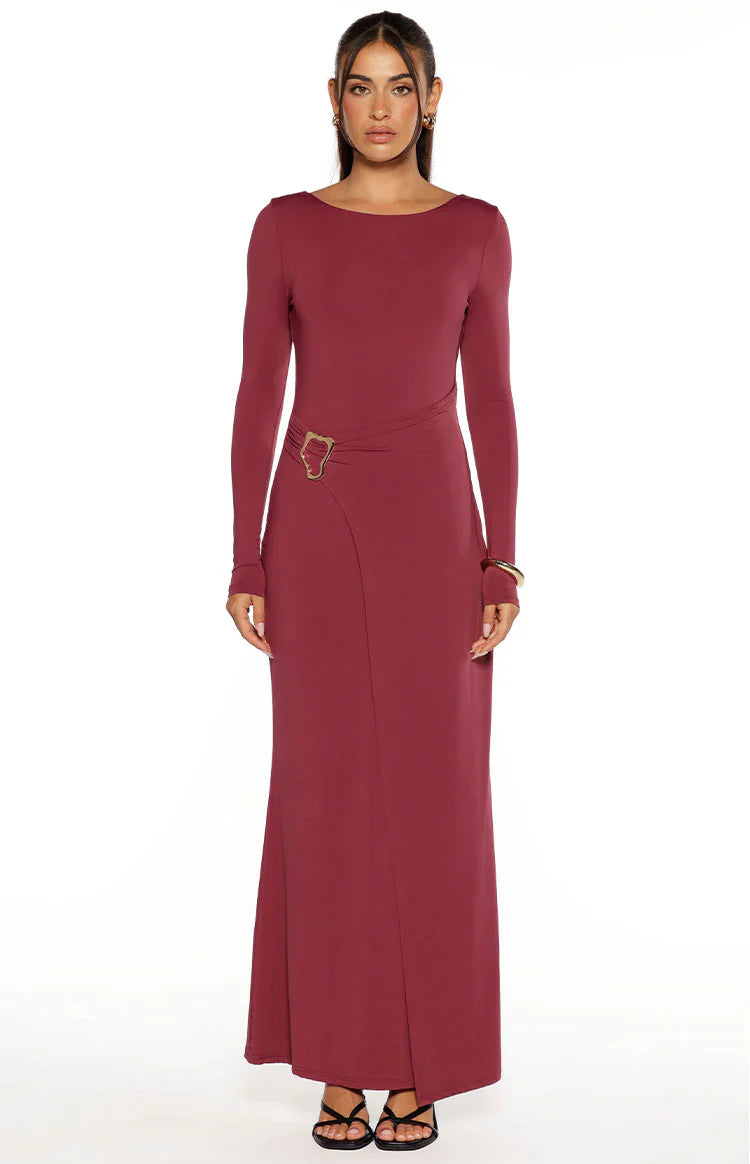 Misaki Long Sleeve Wrap Maxi Dress | Burgundy