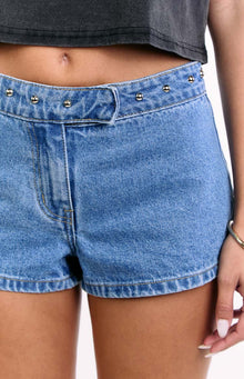 Mollie Denim Low Rise Stud Denim Shorts | Mid Wash