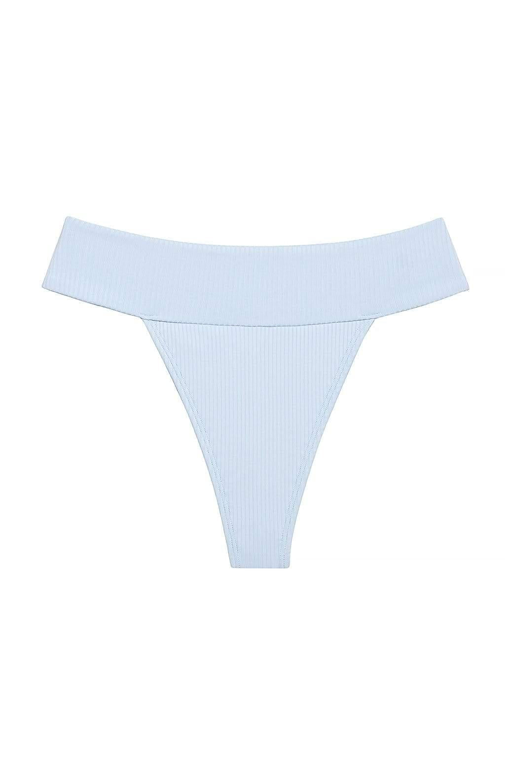 Light blue ribbed bikini bottom with off-shoulder neckline and high-cut leg design.