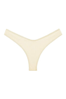 Cream ribbed bikini bottom with thong style cut and stitched waistband.