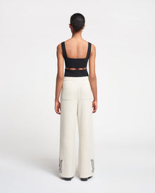 Emmie Embroidered Textured-Linen Pants | Natural/Black