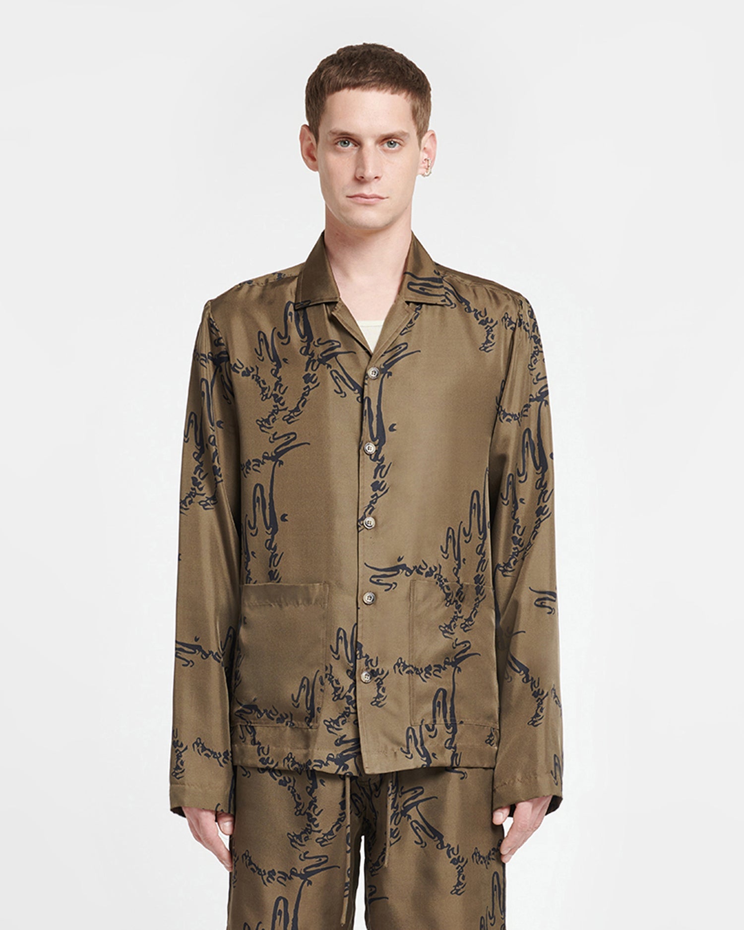 Emin Printed Silk-Twill Shirt | Calligraphy Khaki