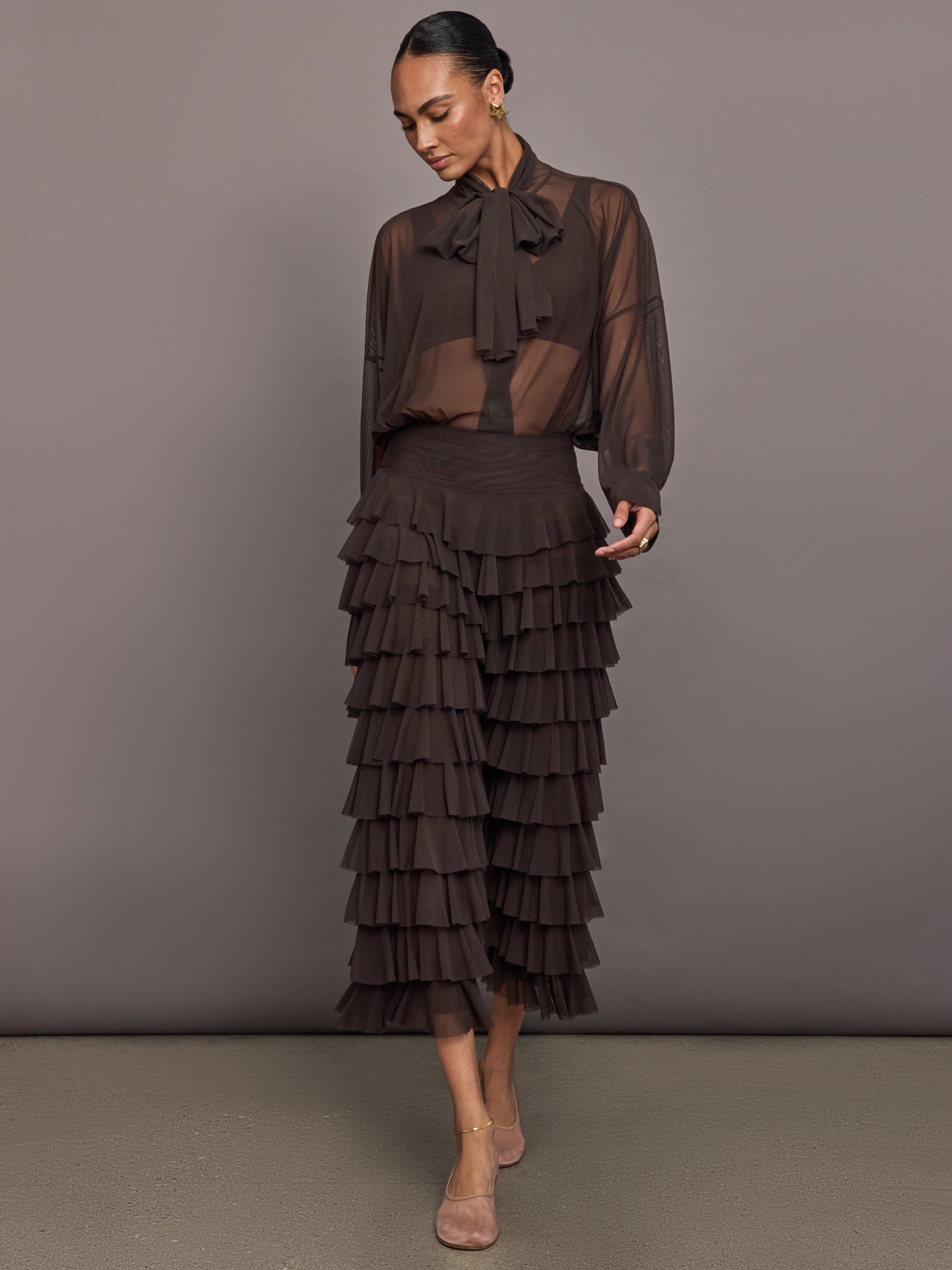 Norma Kamali | Wide Leg Ruffle Pant | Espresso