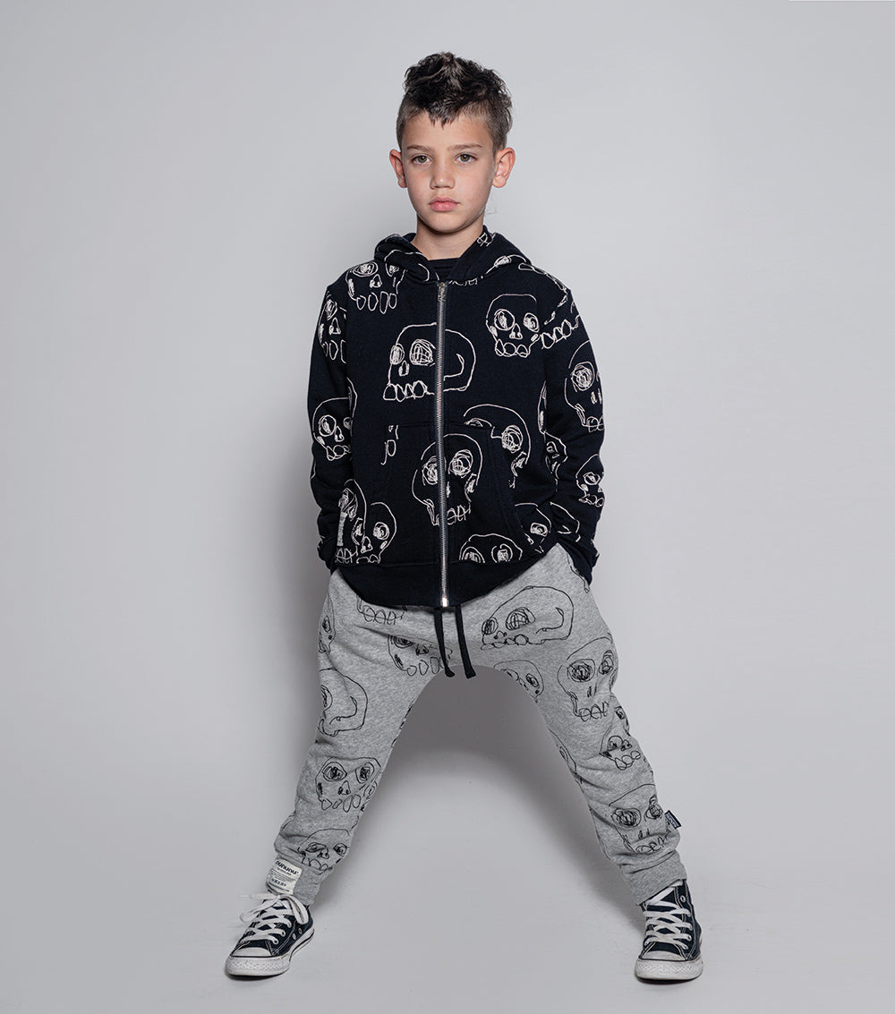 Kid | Scribbled Skulls Zip Hoodie | Black