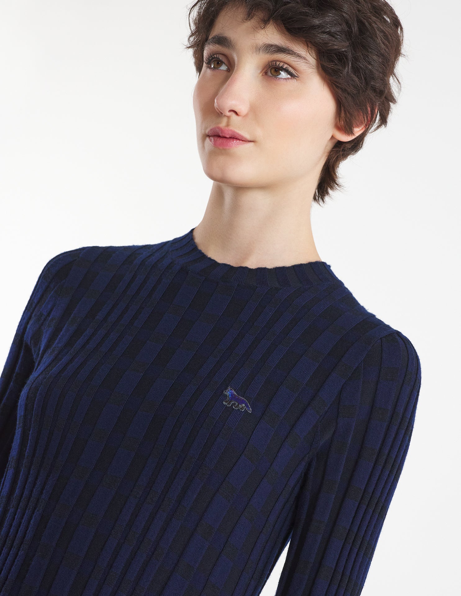 Womens | Checked Ribbed Long Knit Dress | Eclipse Blue/Black