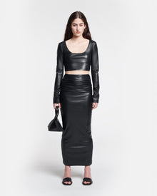 Hester Ruched Okobor Alt-Leather Midi Skirt | Black