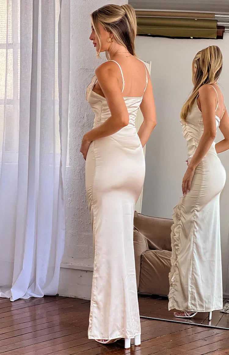 Nahanee Satin Ruffle Maxi Dress | Cream