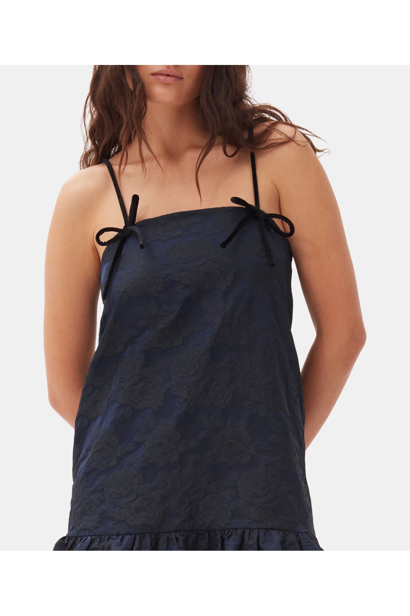 Navy Blue Botanical Jacquard Strap Midi Dress | Peacoat