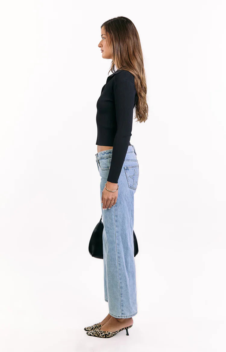 Nina Ribbed Knit Long Sleeve Sweater | Black