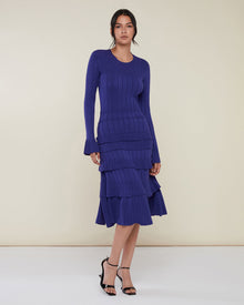 Rib Midi Dress with Pointelle Ruffles | Navy Blue