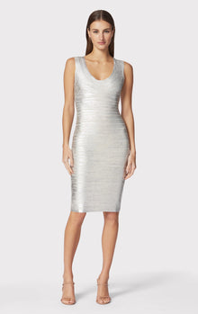 Scoop Neck Bandage Foil Dress | Silver Foil