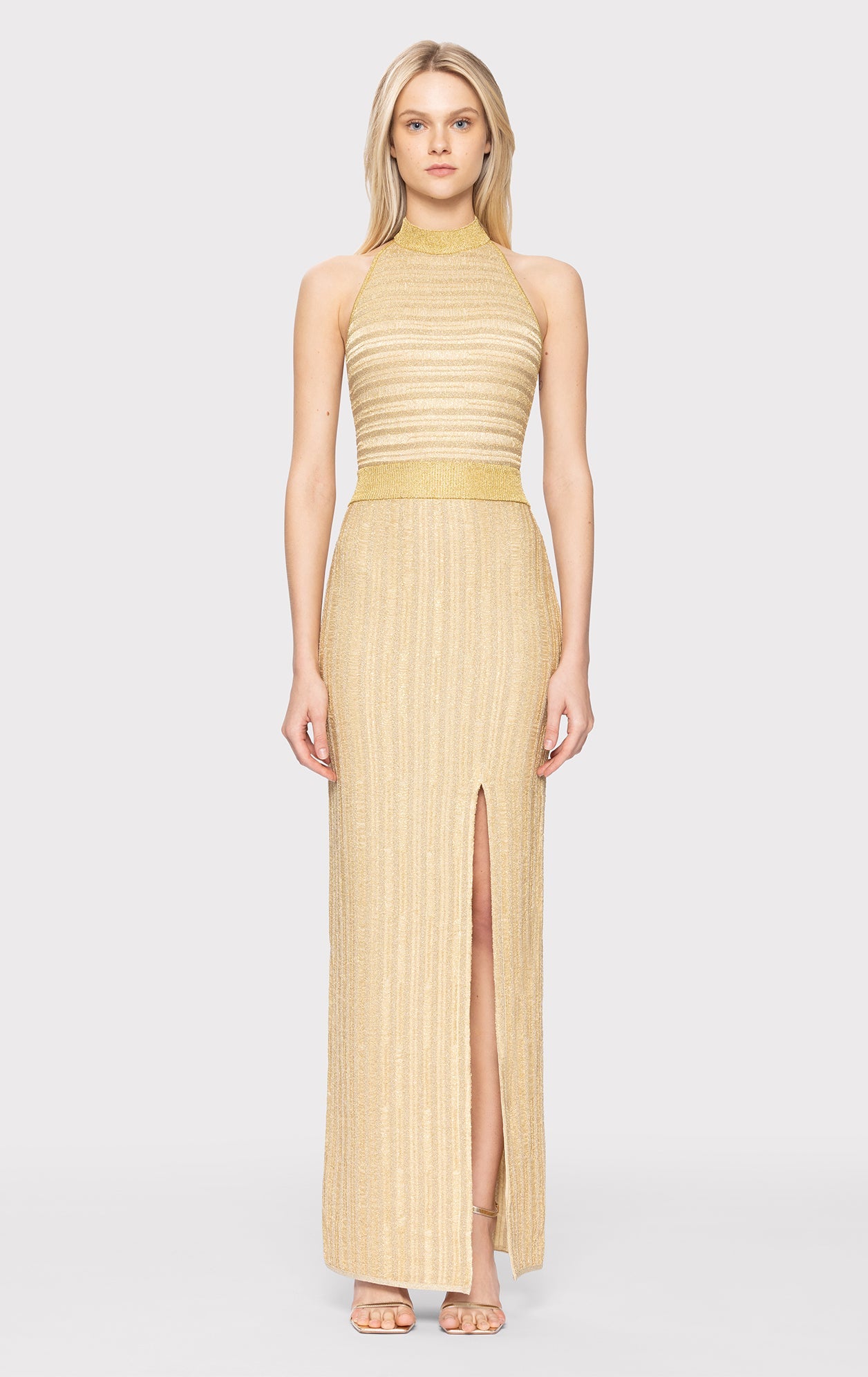 Lurex Eyelash Mock Neck Gown | Metallic Gold