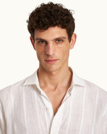 Tonal Waffle Stripe Linen Resort Overshirt Woven In Italy in White colour | White