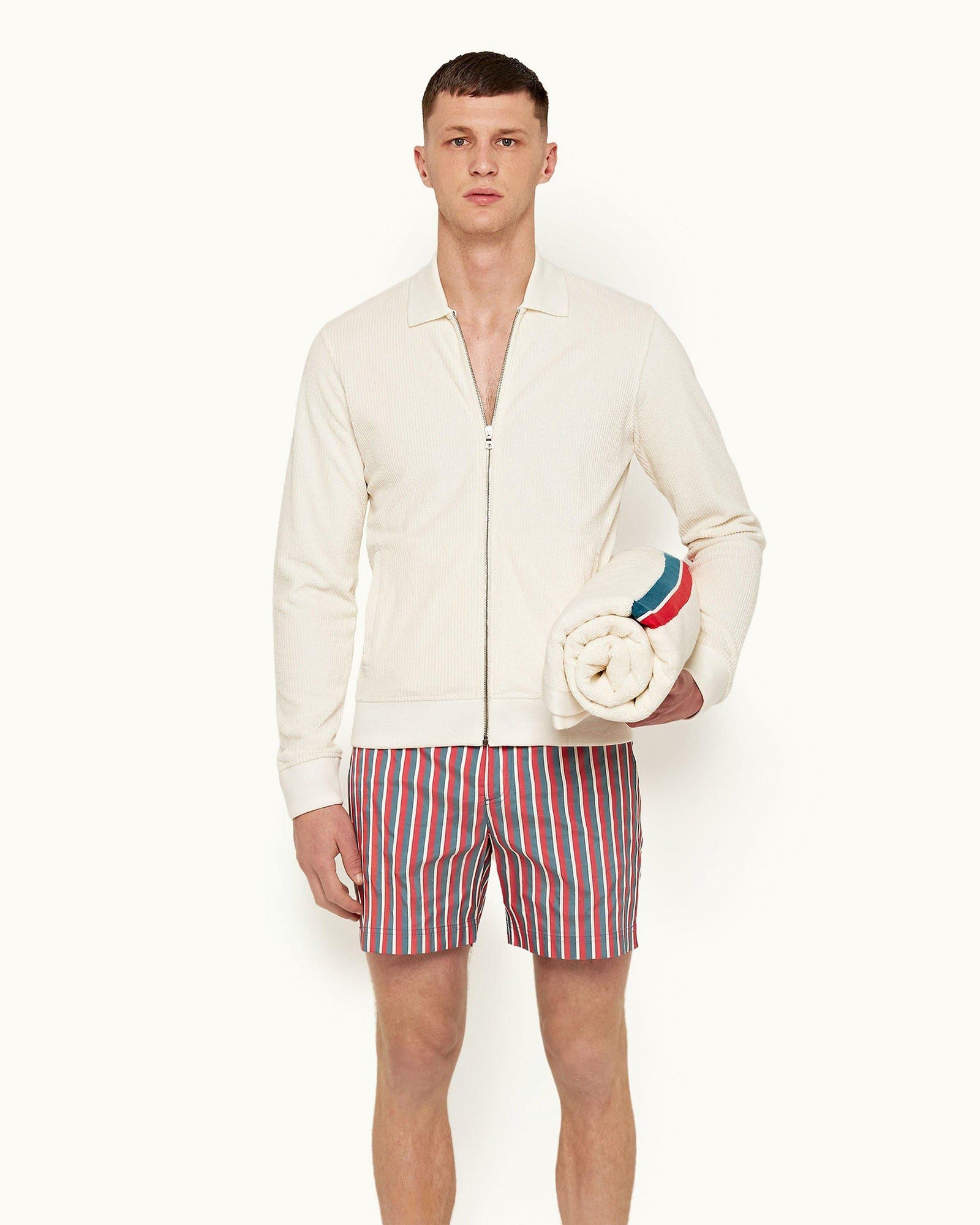 White Sand Zip-Thru Drop Needle Towelling Sweatshirt | White Sand