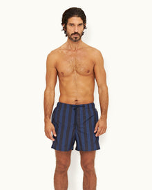 Dark Sapphire Mix Stripe Drawcord Mid-Length Swim Shorts | Dark Sapphire