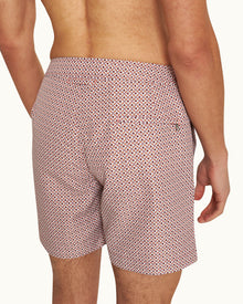 Bulldog Geo Print Mid-Length Swim Shorts Woven In France in Summer Red/White Sand colour | Summer Red/White Sand