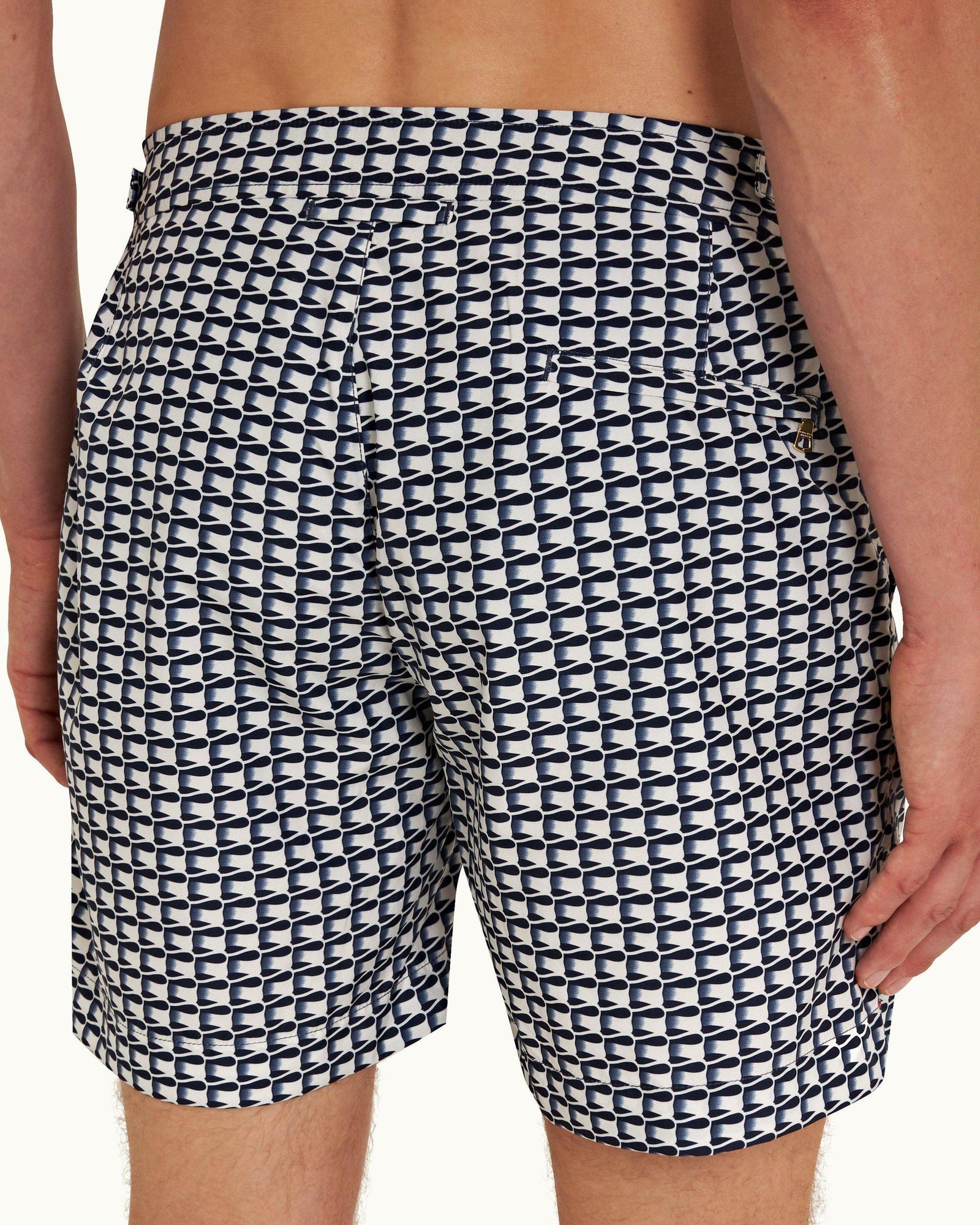 Bulldog White Sand/Night Iris Ribbon Print Mid-Length Swim Shorts | White Sand/Night Iris