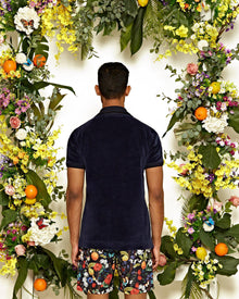 Clive Towelling Navy Cotton Linen Towelling Polo Shirt | Navy