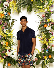 Clive Towelling Navy Cotton Linen Towelling Polo Shirt | Navy