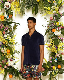 Clive Towelling Navy Cotton Linen Towelling Polo Shirt | Navy