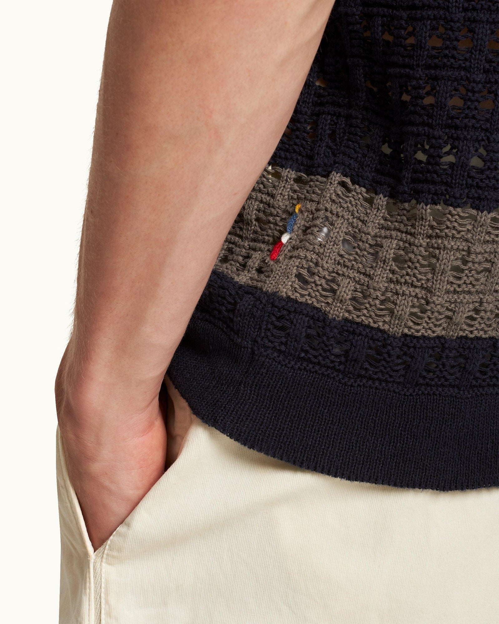 Midnight Navy/Grey Stripe Crochet Knit Shirt | Midnight Navy/Grey