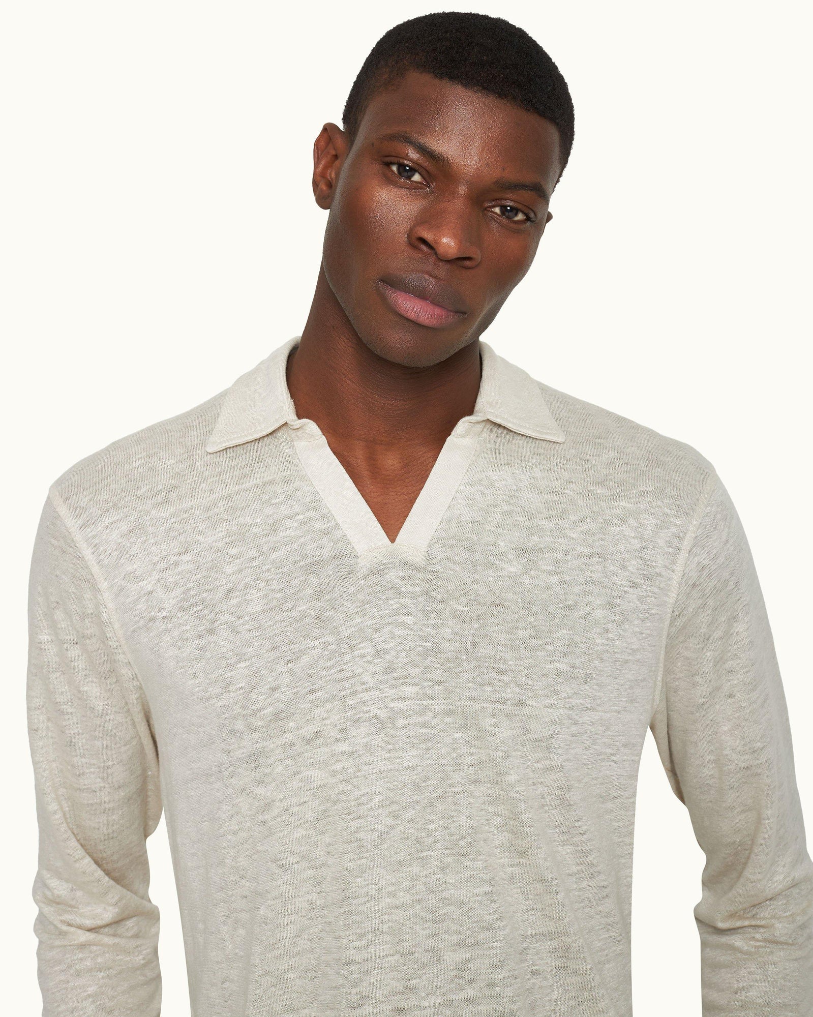Felix Pebble Tailored Fit Long-Sleeve Slub Linen Polo Shirt | Pebble