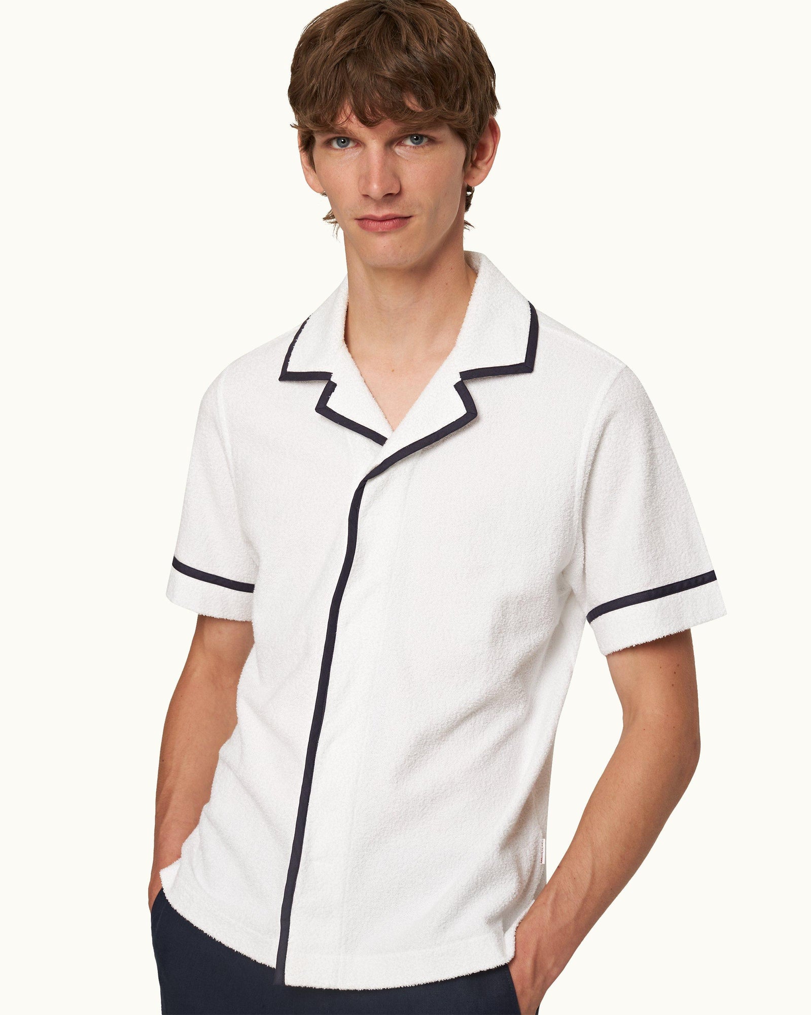White/Midnight Navy Contrast Trim Capri Collar Towelling Shirt | White/Midnight Navy