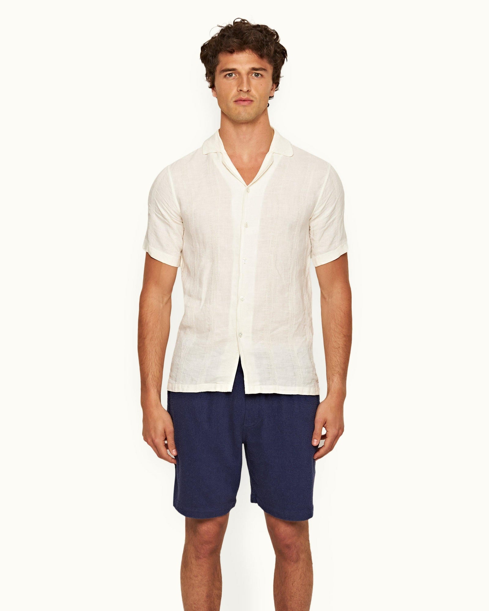Hibbert Linen Sandbar Capri Collar Short-Sleeve Stripe Linen Shirt | Sandbar