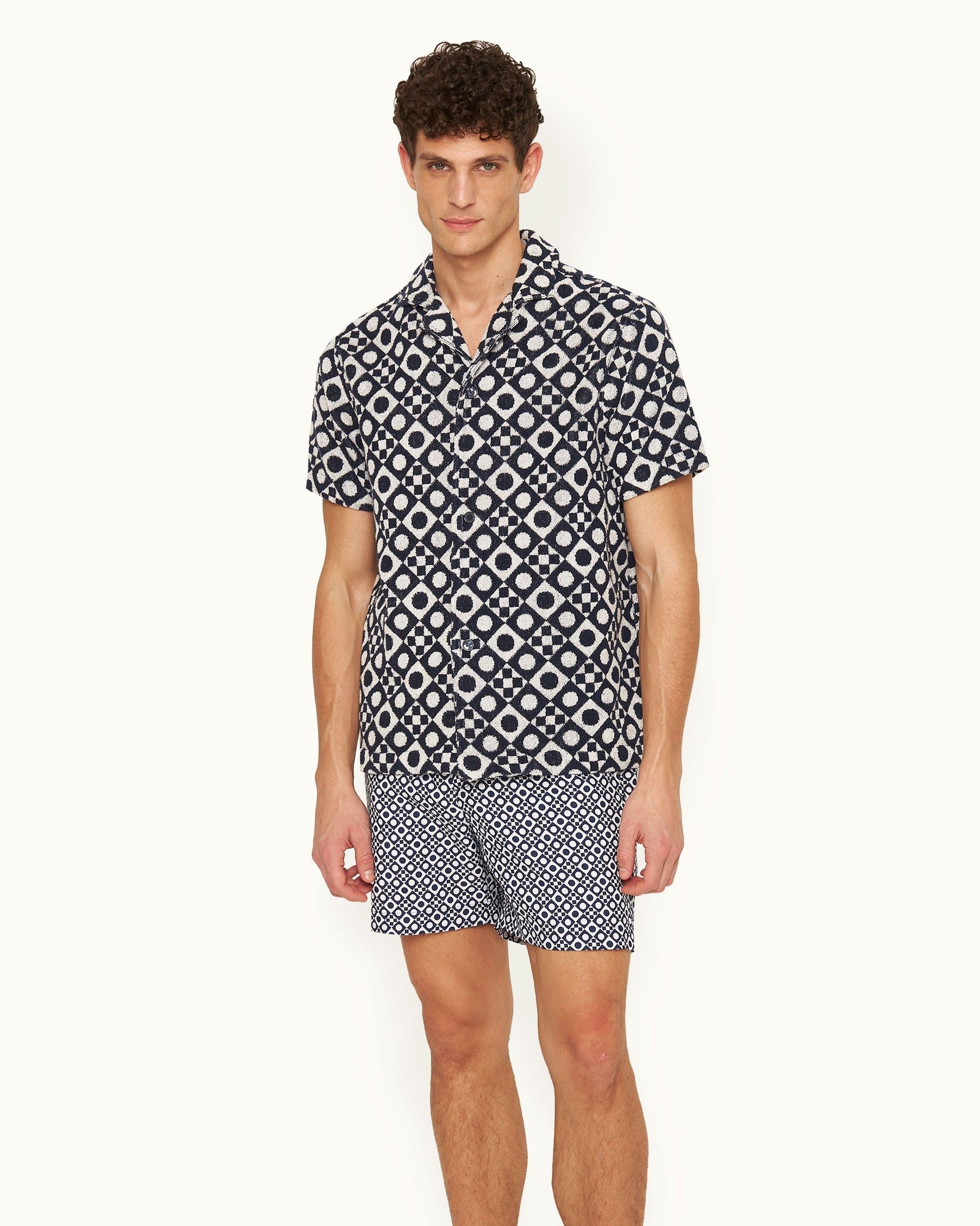 Howell Towelling Domi Jacquard Capri Collar Cotton Towelling Shirt in Night Iris/White Sand | Night Iris/White Sand